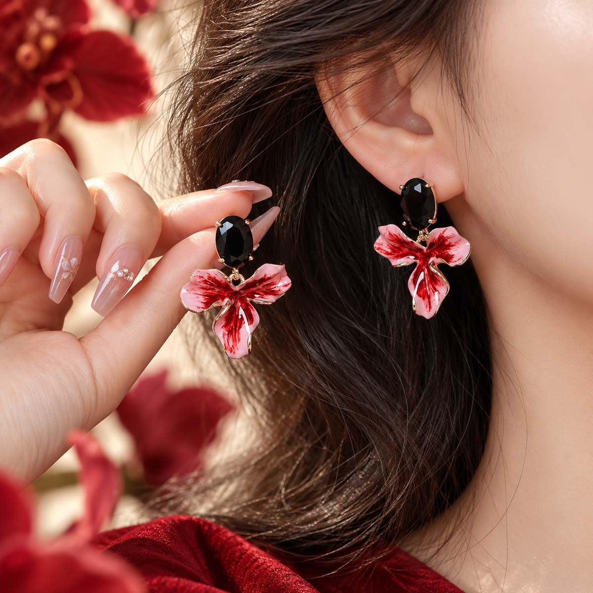 Scarlet Orchid Bloom Earrings