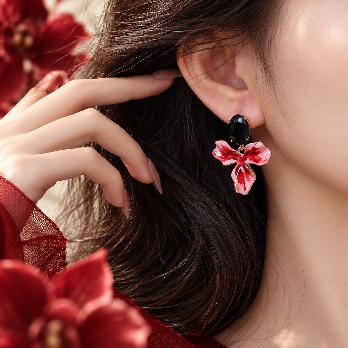 Scarlet Orchid Bloom Earrings