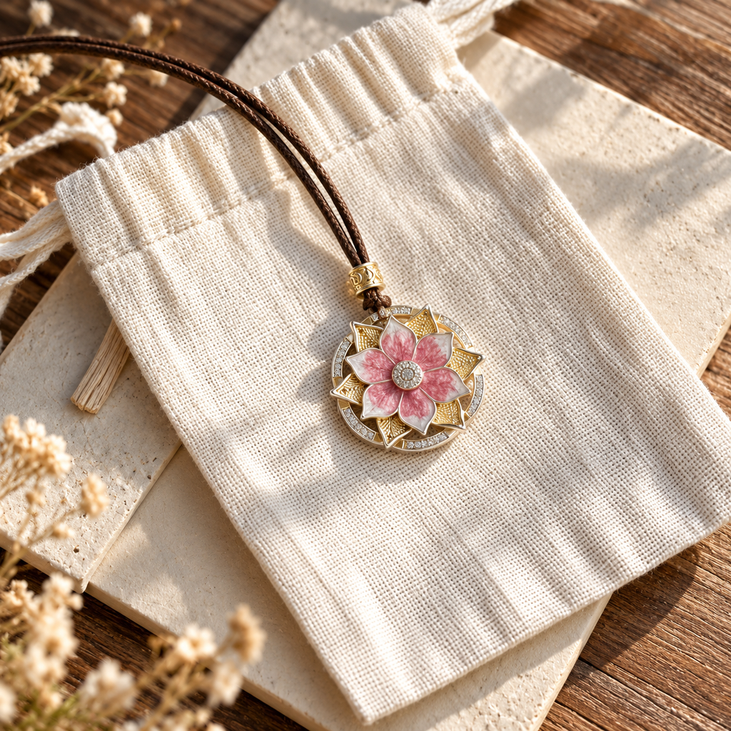Pink Lotus Cloisonné Pendant Necklace