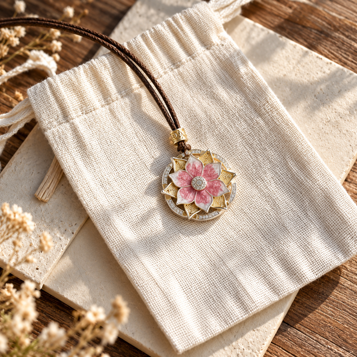 Pink Lotus Cloisonné Pendant Necklace