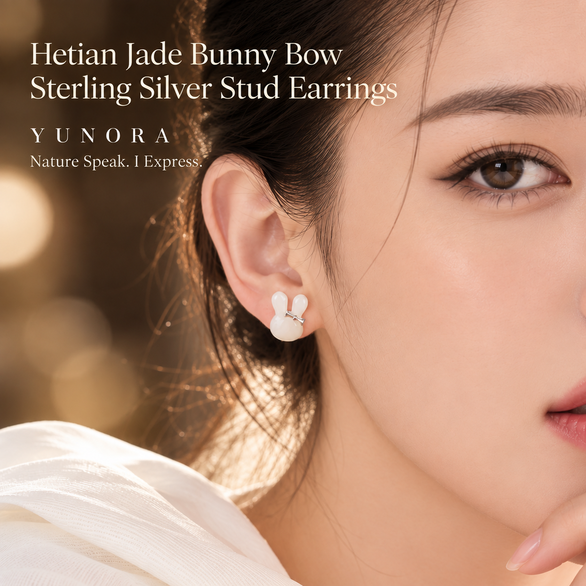 Hetian Jade Bunny Bow Sterling Silver Stud Earrings