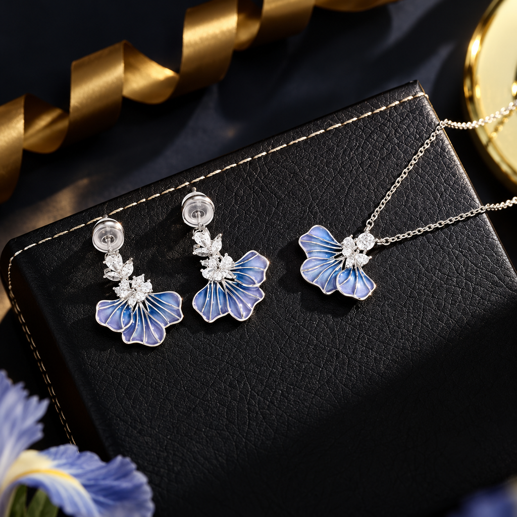 Azure Iris Enamel Pendant Necklace & Earrings Set