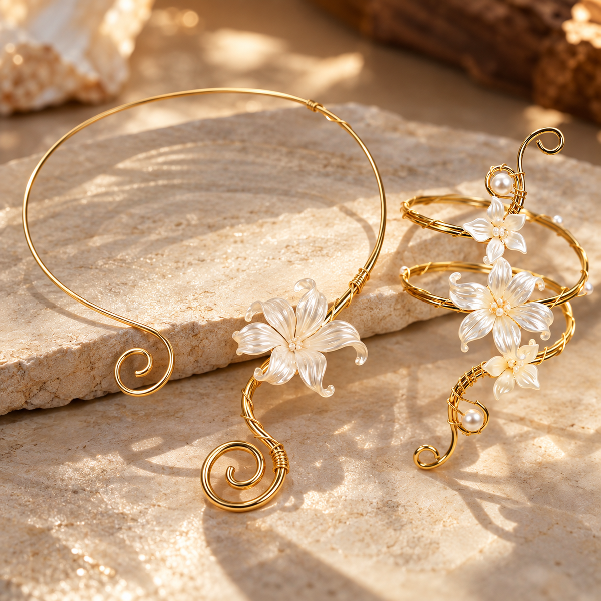 Pearl Shell Blossom Collar & Arm Cuff Set
