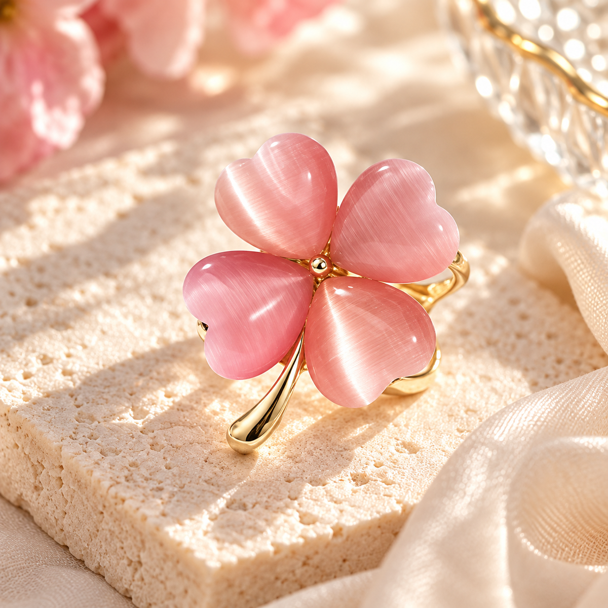 Cat’s Eye Four-Leaf Clover Silk Scarf Ring