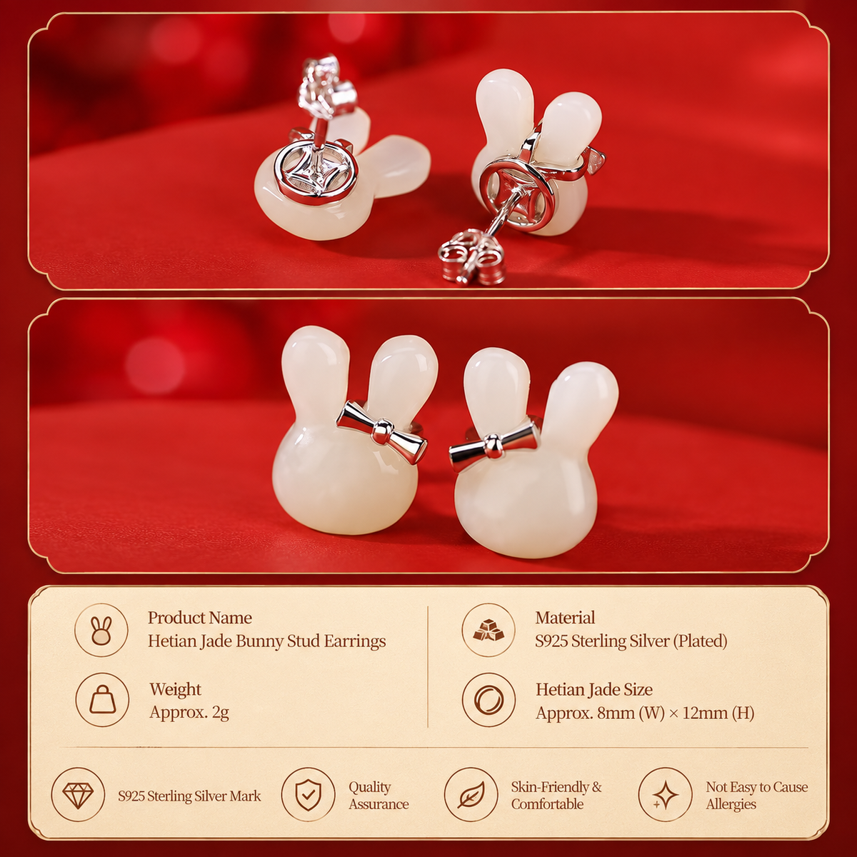 Hetian Jade Bunny Bow Sterling Silver Stud Earrings